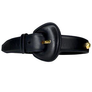 Vintage Salvatore Ferragamo Dark Blue Leather 72.5 Cm Skinny Belt Gold